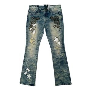Sz various MENS SMOKE RISE STUDDED STAR STACKED FLARE JEANS